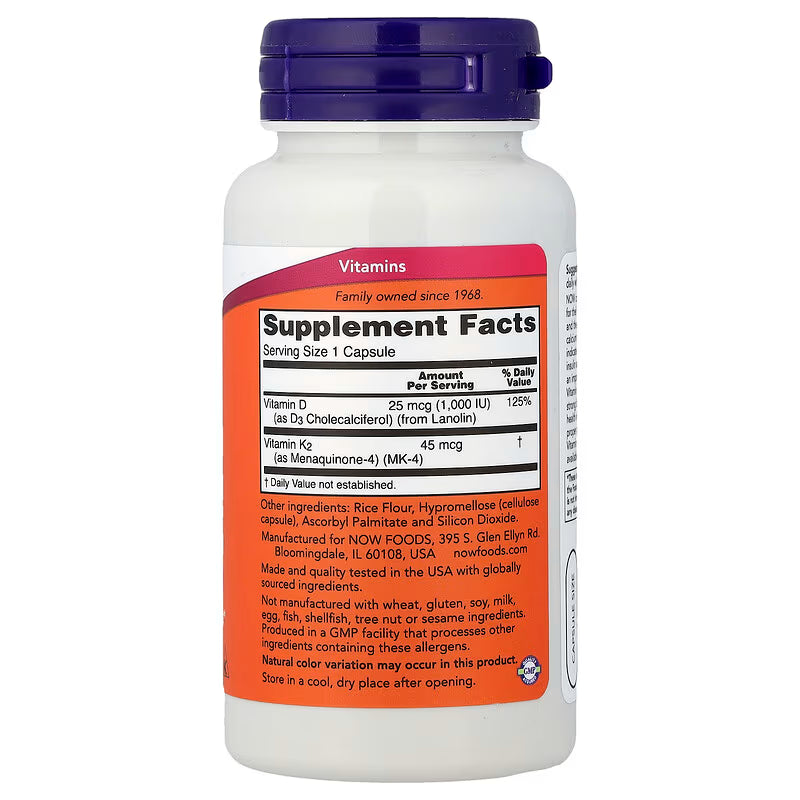 NOW Foods Vitamin D3 & K2 – 120 Capsules